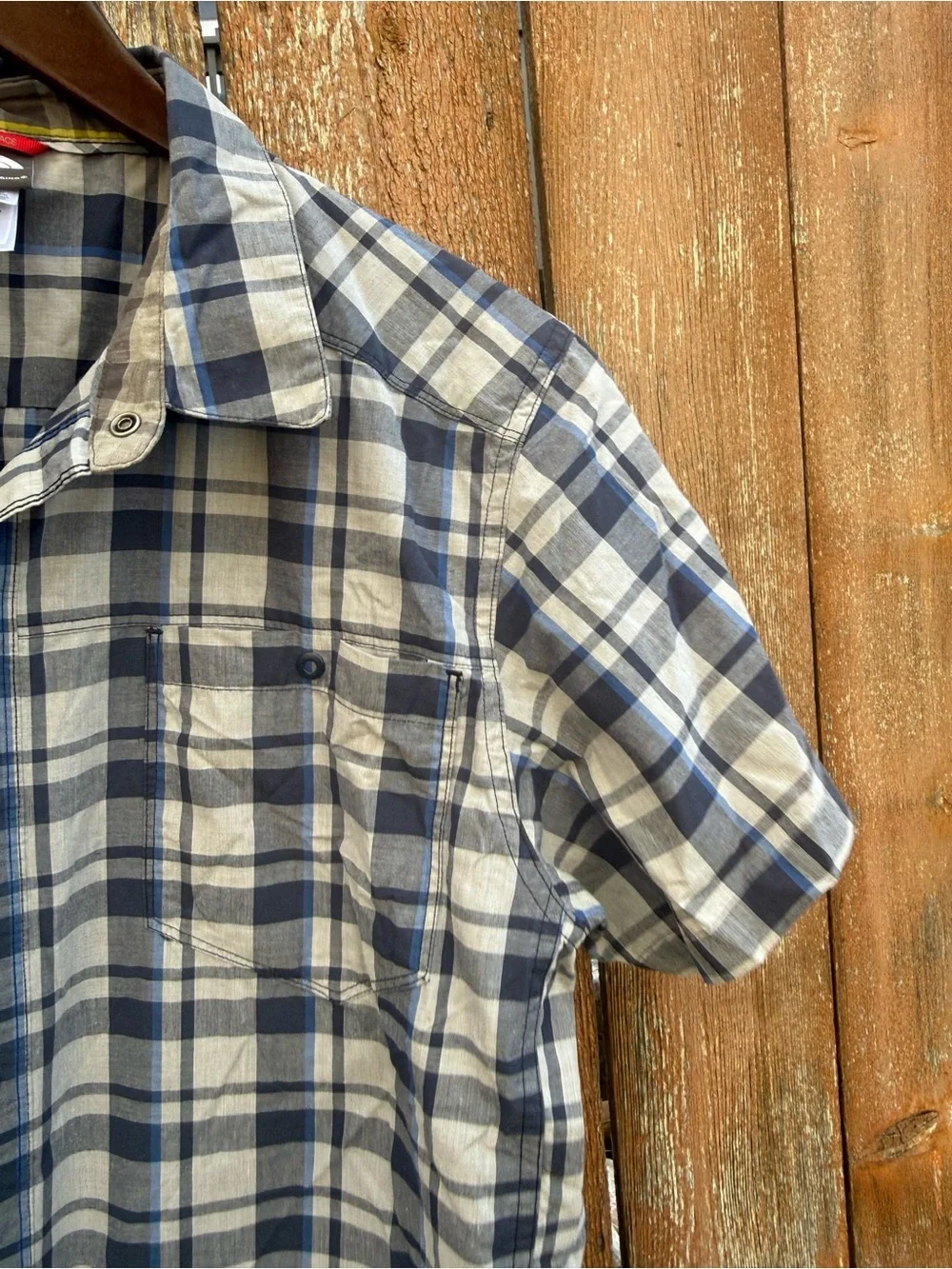 North Face Men's Blue Gray Plaid Short Sleeve Snap Button Down Shirt Size Large